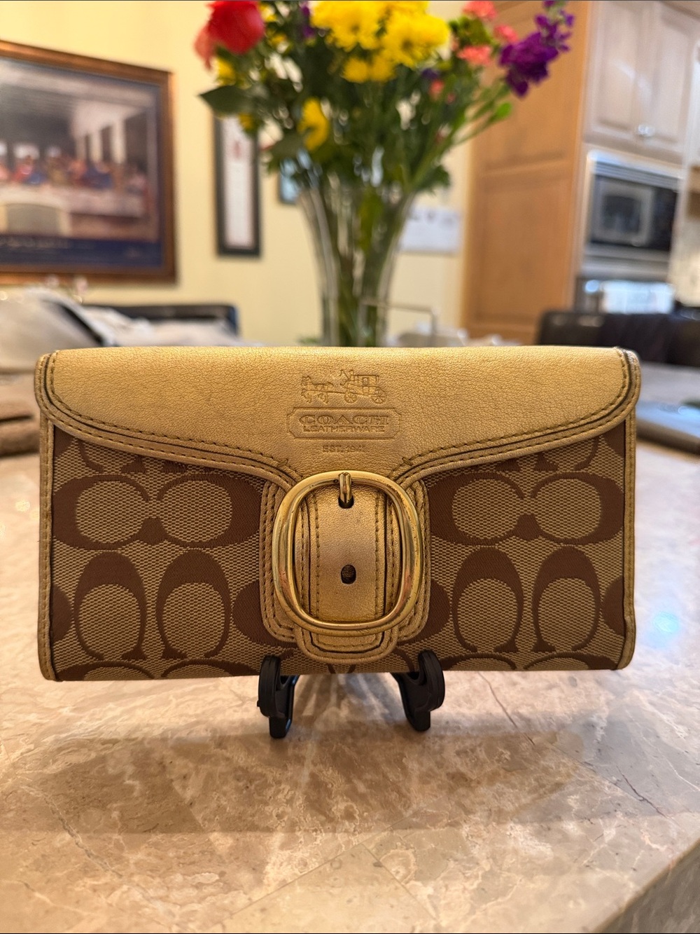 Coach Vintage Bleeker signature Brown Canvas Gold Leather Tattersall wallet
